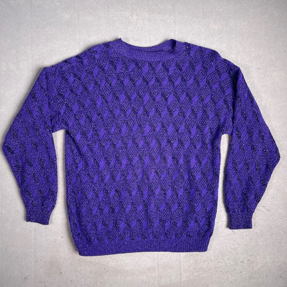 VTG Ann Hill Petites Knit Sweater Sparkle‎ Purple Pullover Top USA Made Large